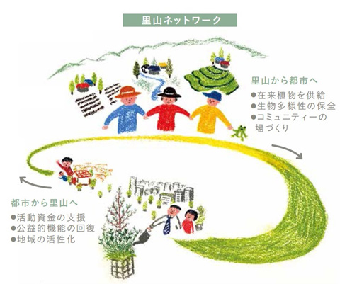 里山ネットワーク・緑の供給・コミュニティの「場」創出(広場・街路沿い等)→・資金の支援・豊かな植生を守る・里山との人的交流 都市に豊かな生物多様性をもたらすだけでなく、里山の再生・保全にもつながります。